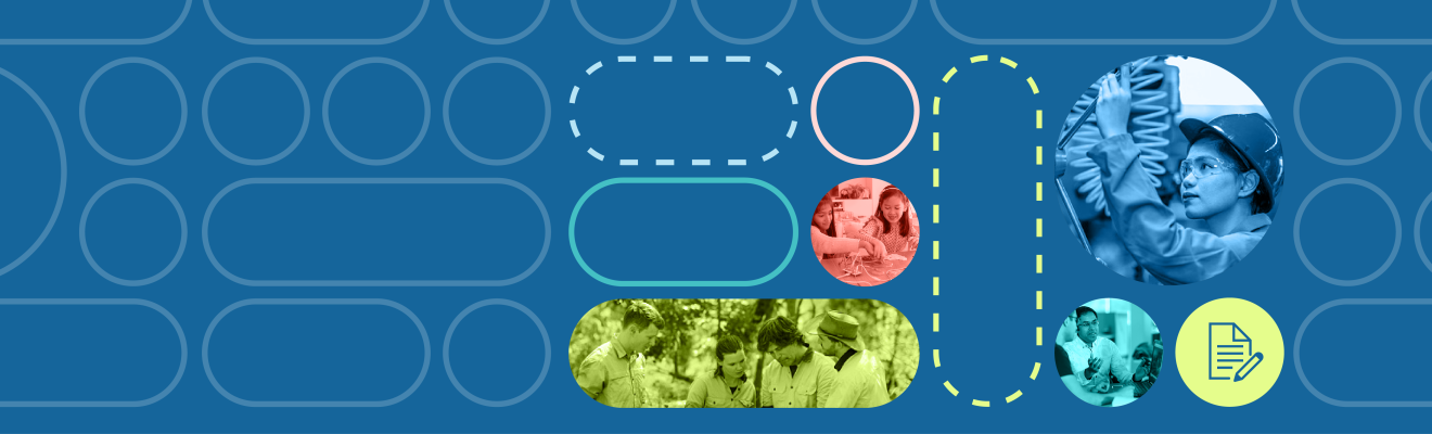 Abstract image featuring photos of a diverse range of Australians doing STEM activities