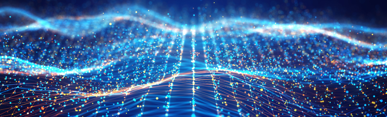 Abstract network wave and a glowing blue and orange particle data on dark background