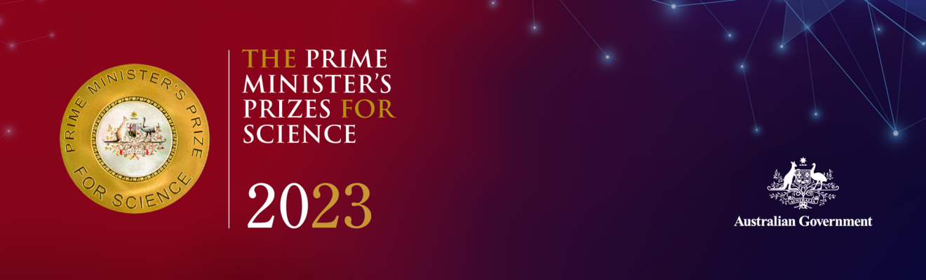 Prime Minister’s Prizes for Science 2023 logo with medallion and Australian Government crest. Decorative background with sparkles.