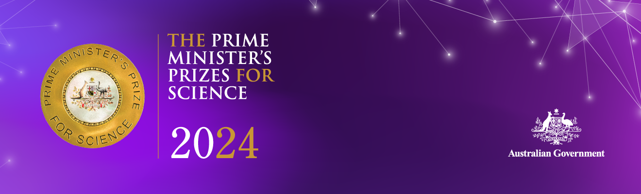 Prime Minister’s Prizes for Science 2024 logo with medallion and Australian Government crest. Decorative background with sparkles.