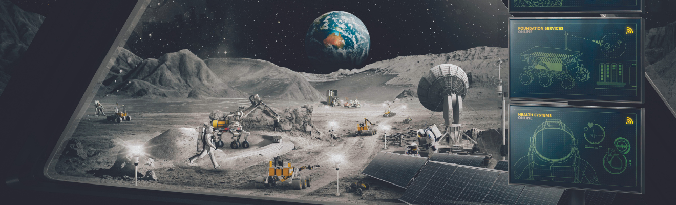 Illustration depicting the view from a space vehicle looking at activity on the moon with the Earth in the distance