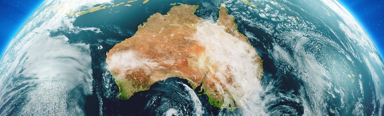Photo of Earth from space showing Australia with swirling atmosphere