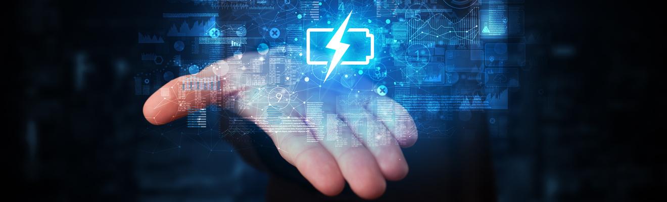 An open palm, hold a blue logo of a battery with a lightning bolt in the centre.