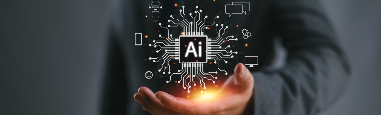 Illustration shows a man reaching out his hand with a graphic representing AI.