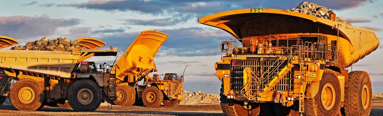 Dump trucks at a mine. 