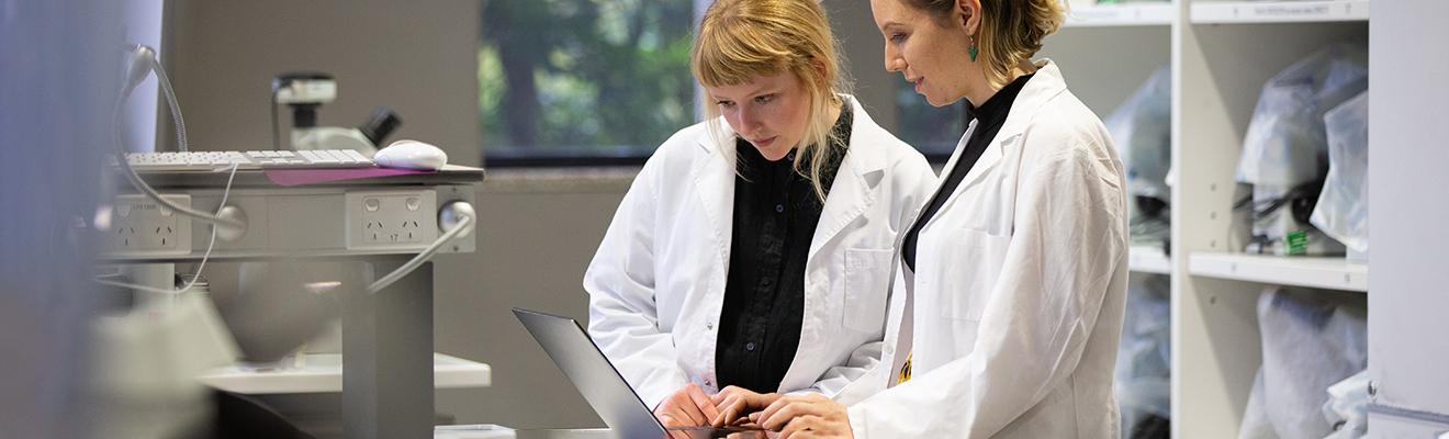 Photo of 2 scientist looking at a laptop in a laboratory