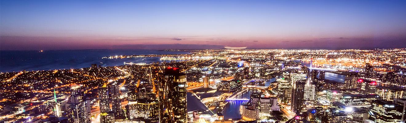Melbourne city skyline lit up at night