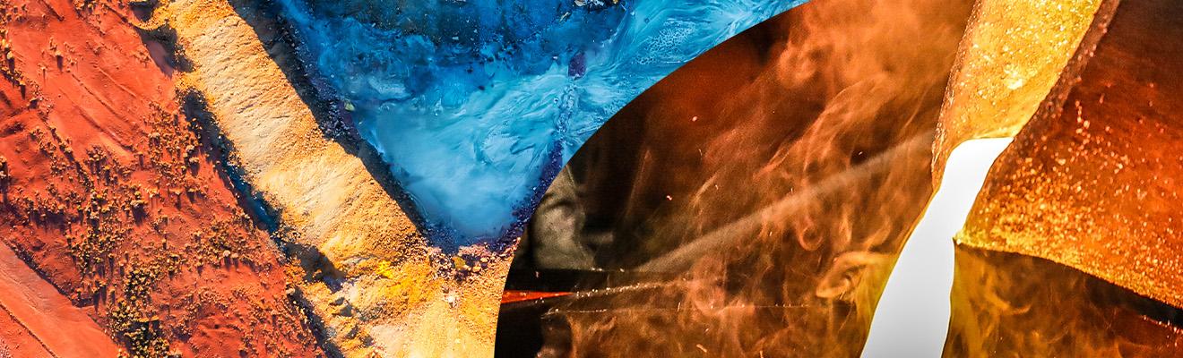 Composite photo shows overhead view of mining activities in the desert and a manufacturing process for green metal.