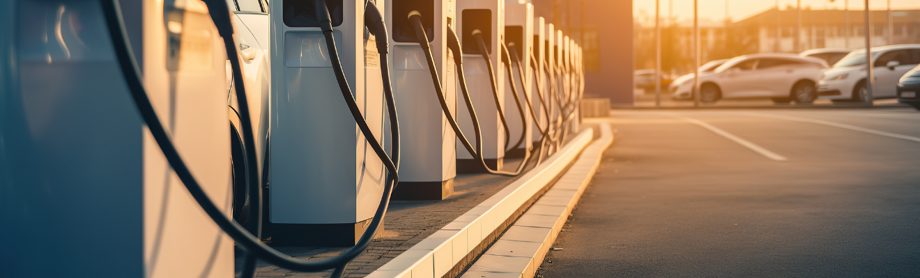 A row of electric vehicle charging stations with the sun setting behind them