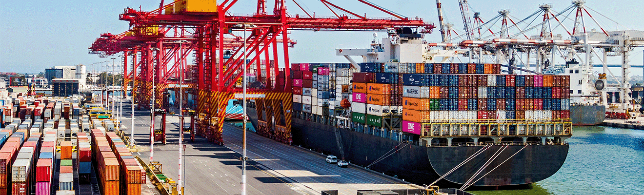 Elevated view of a container ship the Port of Melbourne Swanson Dock container terminal.