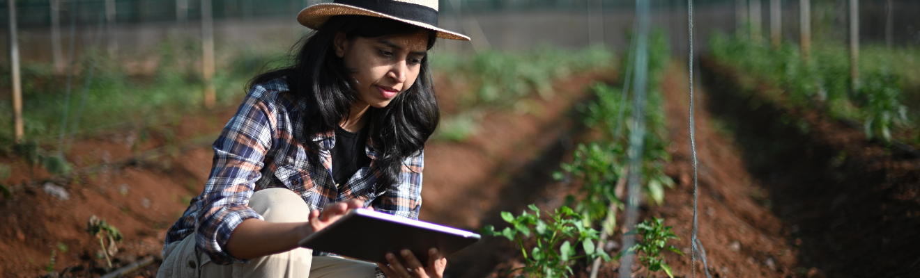 Closeup photo of a farm worker using digital tablet in greenhouse.