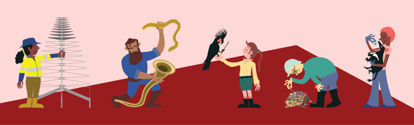 National Science Week 2026 illustration featuring different figures doing science-related activities