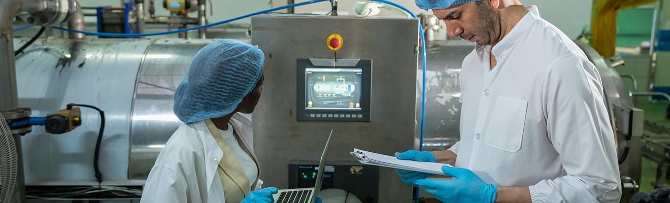 Food manufacturing facility with workers. 