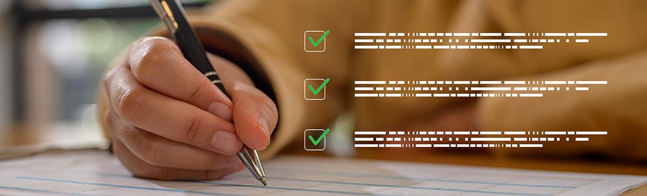 Business woman using pen to check off clipboard on table with overlay of floating ticked off checklist of abstract text