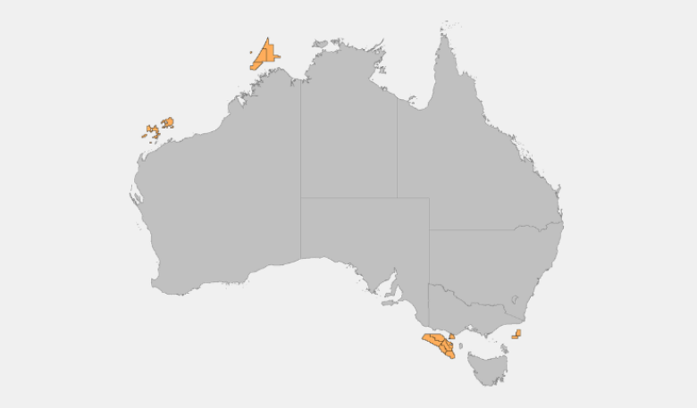 This map of Australia shows the 2021 acreage release areas offshore of Western Australia, Victoria, Tasmania and the Ashmore and Cartier Islands. The map shows the shapes of the new acreage blocks in orange.