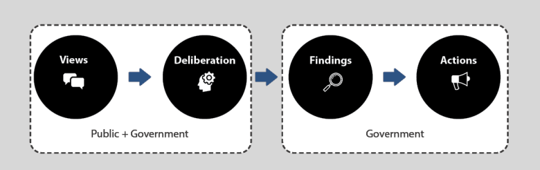 Infographic showing how the public and government share views and deliberate together, then the government forms findings and actions.