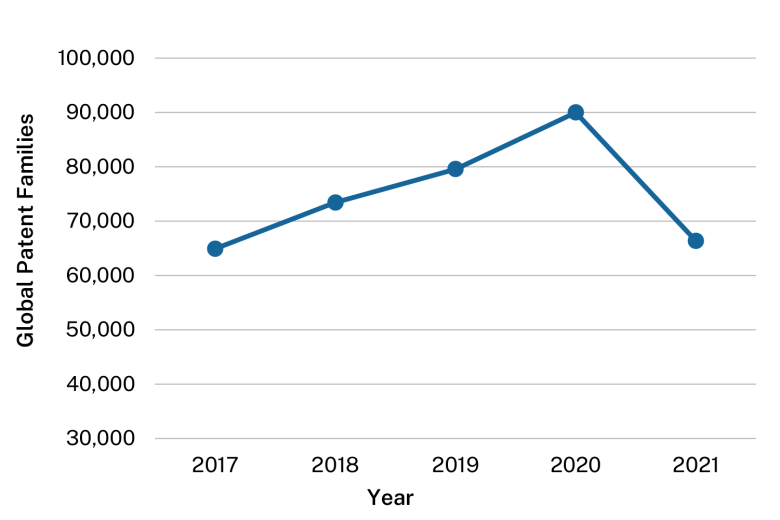 Line graph showing patent filings. Data table follows
