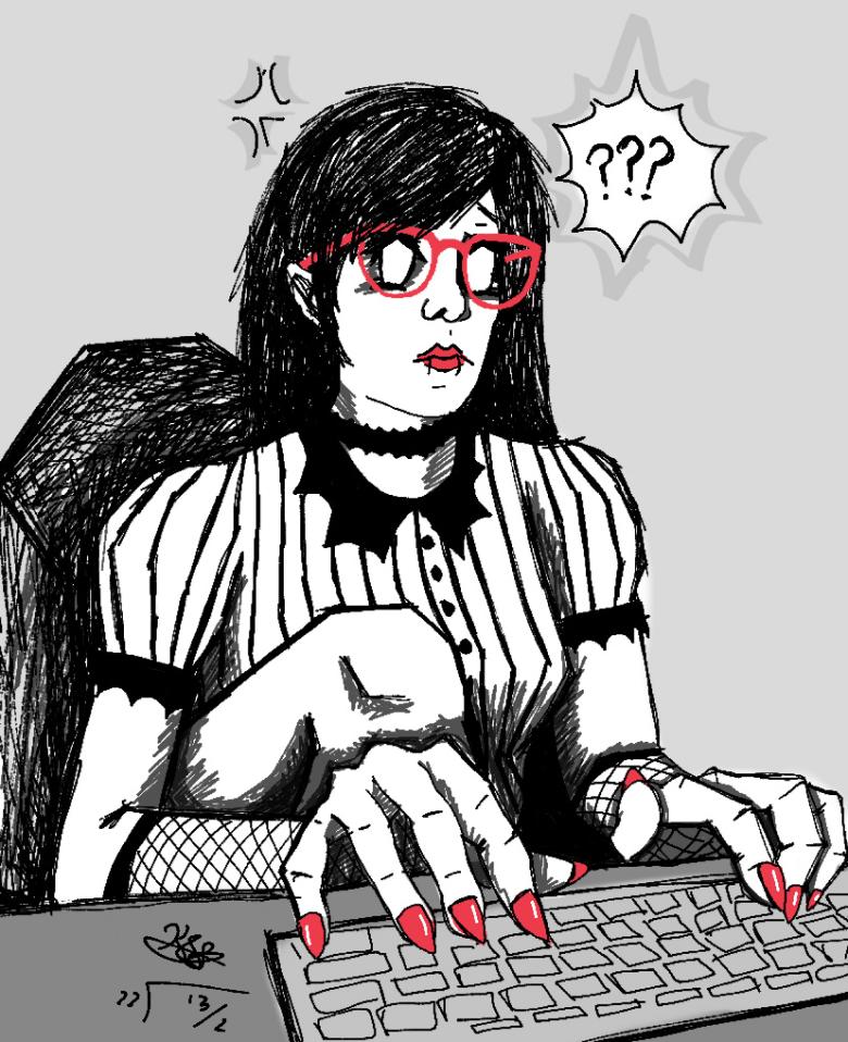 Line drawing of Kiowa typing on a keyboard. A thought bubble with 3 question marks appears beside her head. 