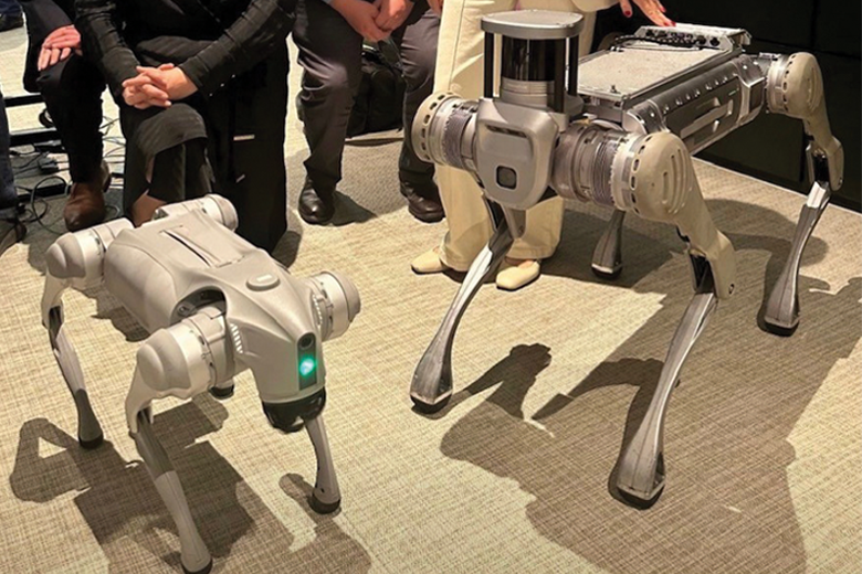Two robotic dogs in a modern office. The robotic dogs are four-legged with sleek metallic bodies. One has a green light on its front and is smaller in size. The other is larger with extra equipment mounted on its back.  