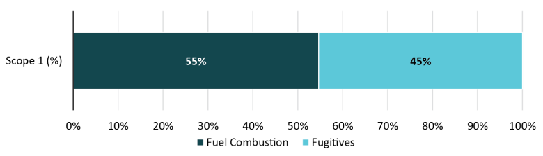 Scope 1 emissions: fuel combustion - 55%; fugitives - 45%.