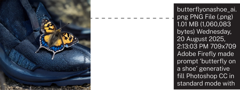 An AI-generated image of a butterfly on the shoe with a block of metadata text.