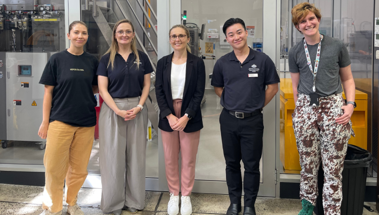 Five researchers from NMI and Vow Foods standing together in a laboratory, posing for a group photo while working on lab-grown meat products