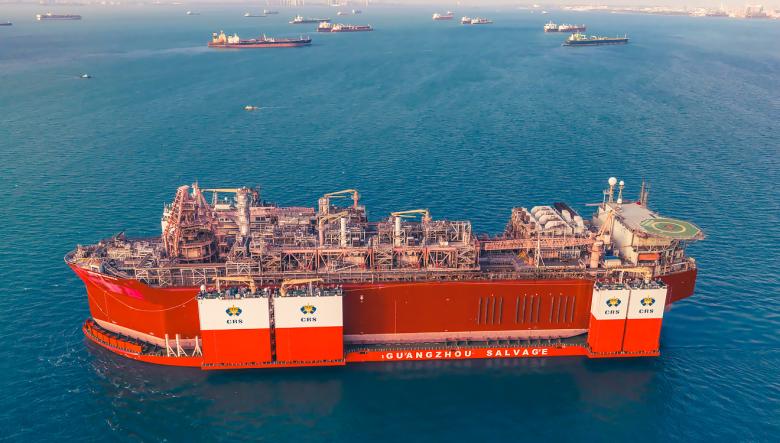 The FPSO on board COSCO’s Hua Rui Long heavy transport vessel leaving Singapore