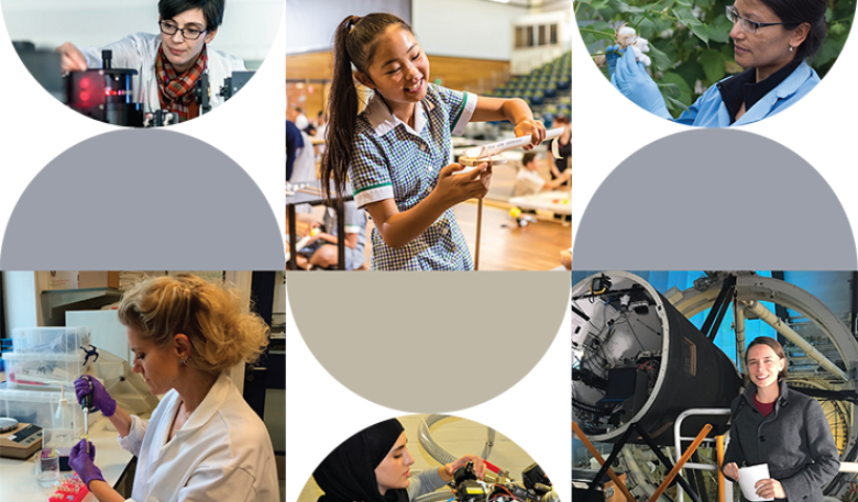 Decorative image from the strategy cover featuring women from diverse backgrounds working in STEM