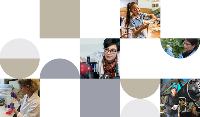 Decorative image from the strategy cover featuring women and girls working and studying STEM