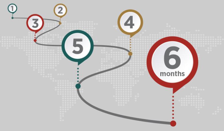 Infographic depicting road with numbered signposts to six months.