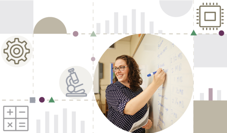 Decorative image with a photo of a female teacher writing on a whiteboard and smiling at her class.