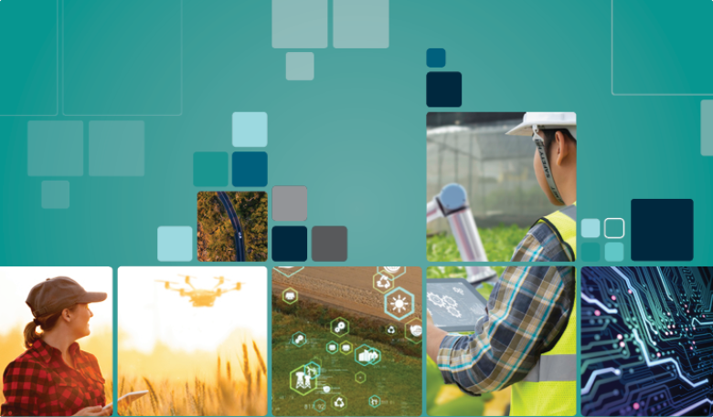Decorative graphic with image icons of farmers using AI to manage crops.