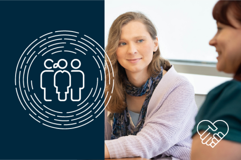 Photo illustration featuring the collaboration element of our inclusion strategy. The icon is three people inside a set of circles. The photo shows two women sitting at a desk smiling at each other