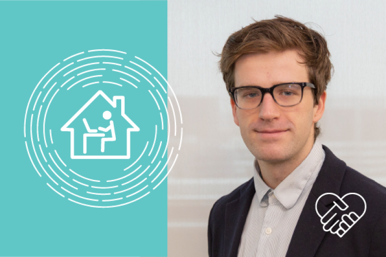 Photo illustration featuring the flexible element of our inclusion strategy. The icon is an outline of a person working on a laptop at home inside a set of circles. The photo shows a young man smiling and wearing glasses.