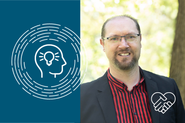 Photo illustration featuring the innovative element of our inclusion strategy. The icon is an outline of a head with a lightbulb, inside a set of circles. The photo shows a man with glasses smiling and standing in a park.