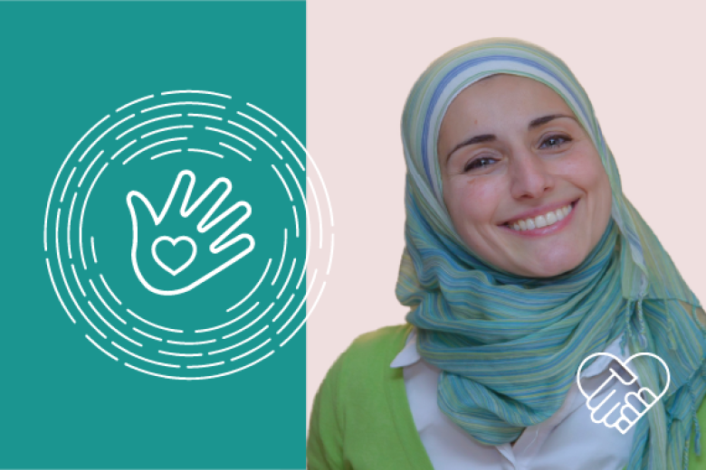 Photo illustration featuring the respectful element of our inclusion strategy. The icon is an outline of a hand holding a heart inside a set of circles. The photo shows a woman smiling and wearing a hijab