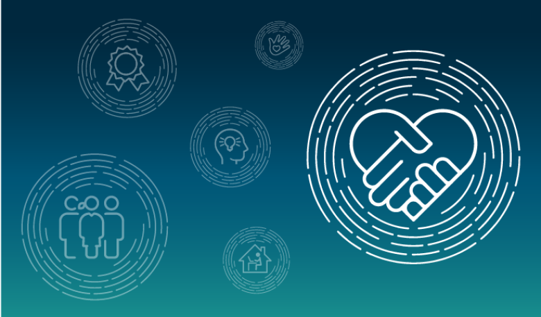 Decorative illustration showing elements of our Inclusion Strategy. The main one shows two hands holding in the shape of a heart surrounded by concentric circles.