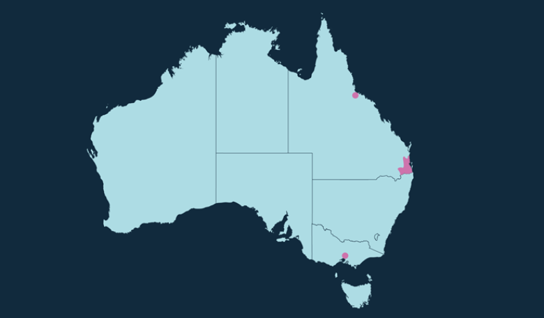 Map of Australia in light blue with pink highlights to show Melbourne, SE Queensland and Townsville