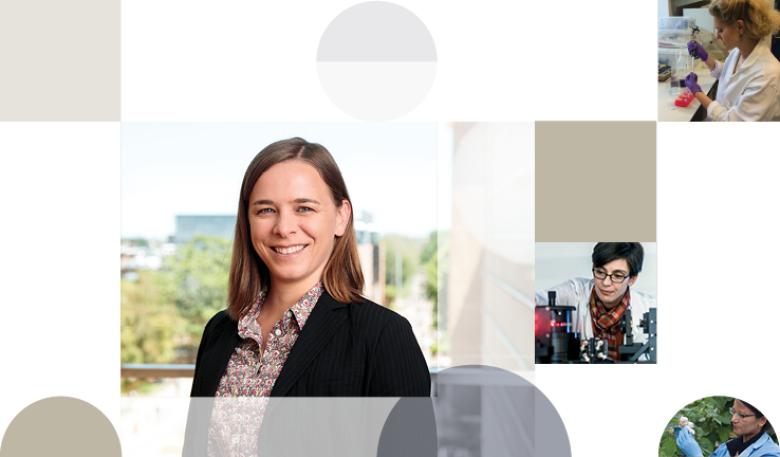 Photo illustration shows women working in STEM activities. The main photo shows Professor Lisa Harvey-Smith, Australia’s Women in STEM Ambassador.