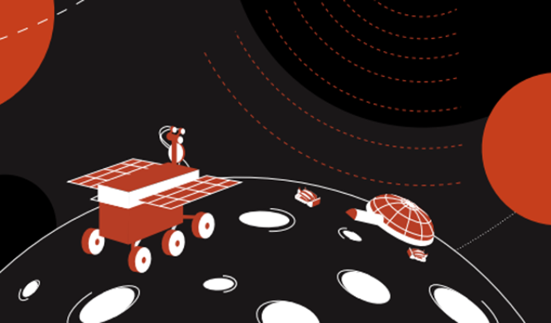 Image from cover of the Robotics and Automation roadmap showing an illustration of the lunar surface with multiple rovers and Earth in the distance.