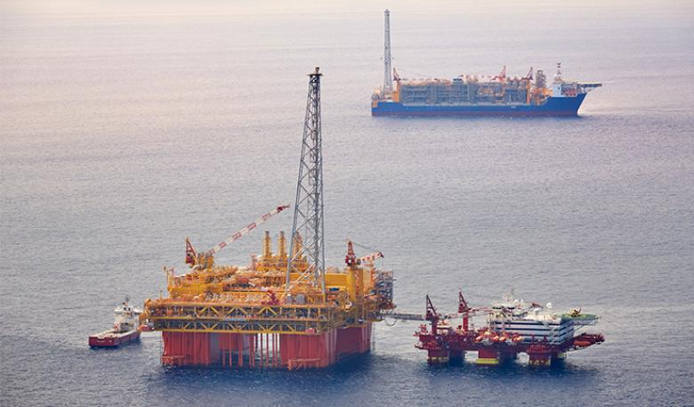 Aerial photo of gas production, storage and offloading facilities in the Timor Sea, off the northwestern coast of Australia.