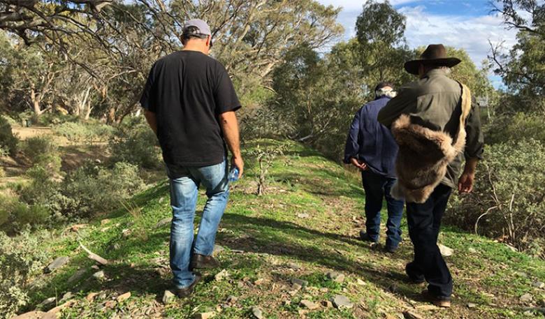 Three men walk through the brush during cultural awareness training at Spear Creek