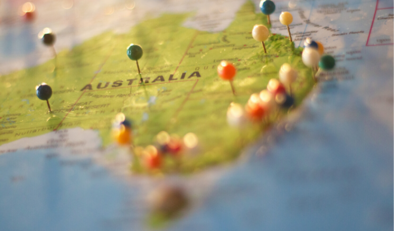 Decorative illustration of map of Australia with random location markers