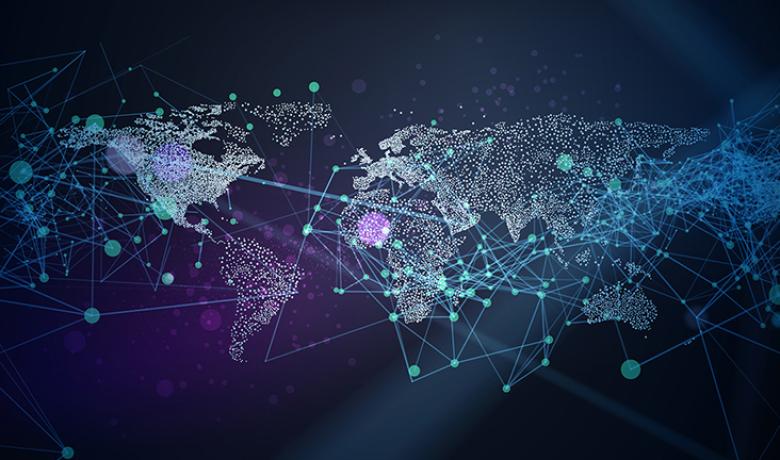 World map with countries defined by pinpricks of lights on a dark background. They are connected in multiple directions with dots and lines of light that are particularly concentrated in the Pacific.
