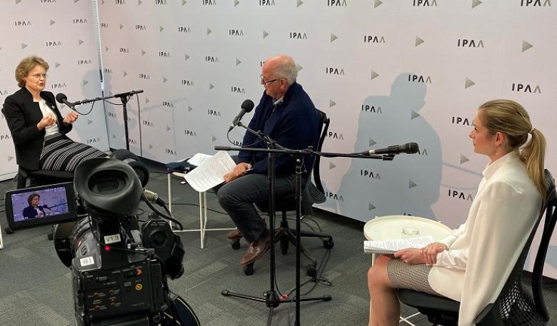 Recording a podcast with Frances Adams in IPAA’s converted office studio An interview taking place with three people in IPAA’s new office studio