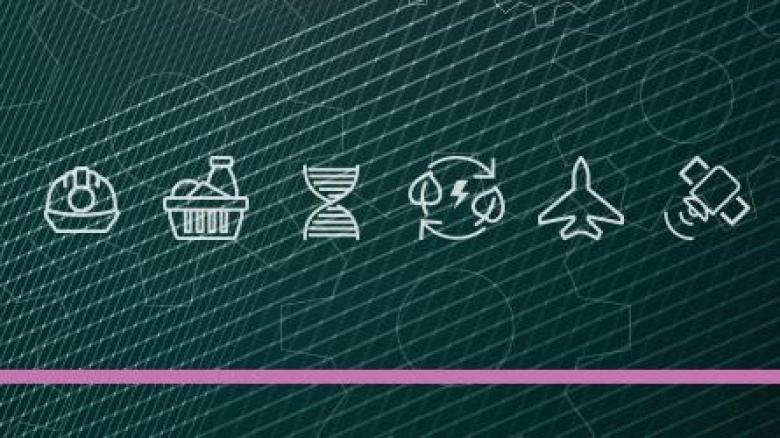Decorative image with icons representing the 6 National manufacturing Priorities