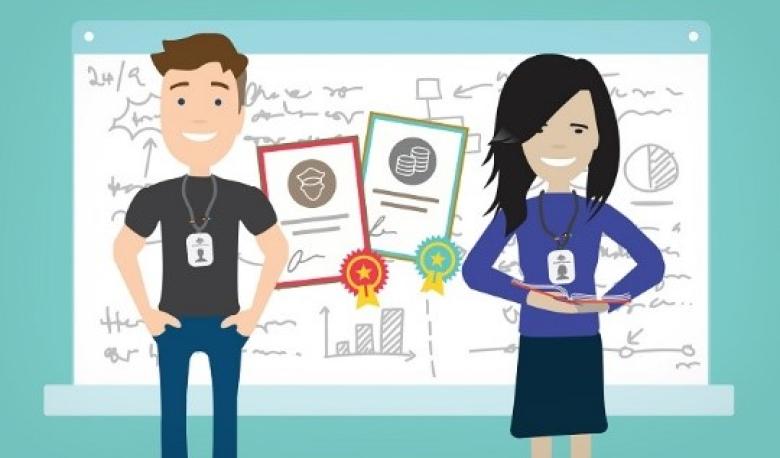 Our graduate development program is now open. Illustration of two graduates in frot of a white board showcasing their qualifications.