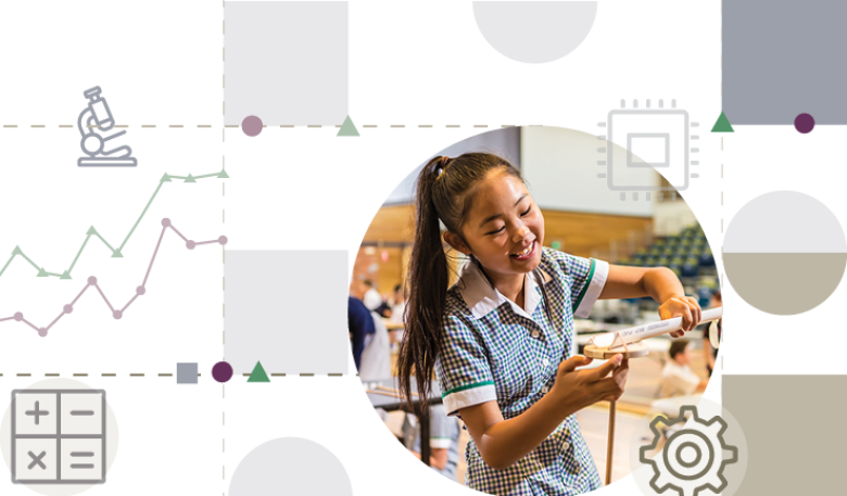 Decorative image with a girl in a school uniform working on a STEM project, with a background of icons and imagery symbolising STEM data