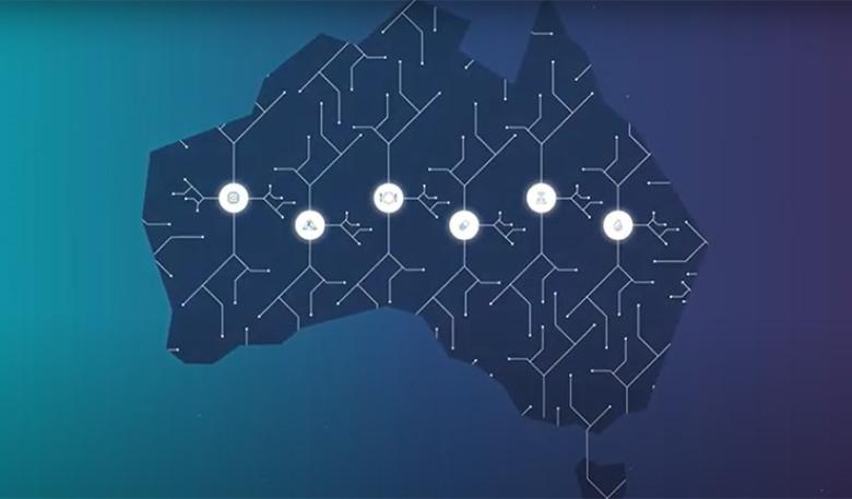 Illustration of a map of Australia with connective network lines and nodes featuring icons representing each growth centre.