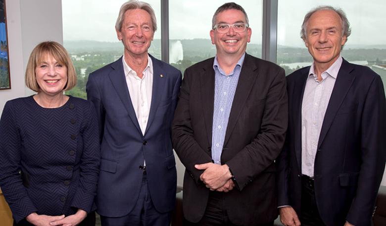 Photo of Inaugural ISA Chair Bill Ferris AC, ISA Deputy Chair Dr Alan Finkel AO, CEO of the Office of Innovation and Science Australia Dr Charlie Day and DIIS Deputy Secretary Mary Ann O’Loughlin.